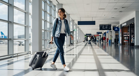 Young female traveler in a modern airport, ready for her next journey.の素材