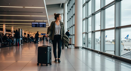 Solo female traveler with suitcase waits at a spacious airport, looking out.の素材