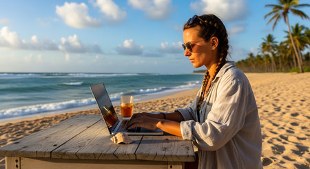 Digital nomad works remotely on laptop at sunny tropical beach paradise.の素材
