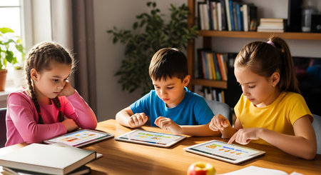 Engaged kids interact with tablets for educational activities at home.の素材