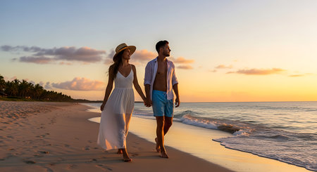 Young couple enjoying a romantic golden hour stroll on a beautiful beach.の素材