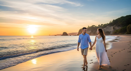 Romantic couple walks hand-in-hand on sandy beach during golden hour sunset.の素材