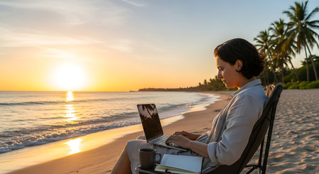 Productive woman working remotely on laptop at a beautiful tropical beach during golden hour.の素材