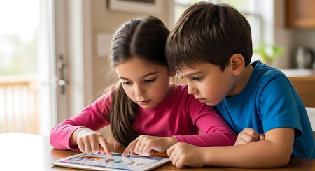 A boy and girl sharing a digital tablet, focused on an educational game.の素材