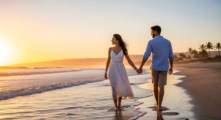 Young couple enjoys a peaceful and loving stroll along the ocean shore.の素材