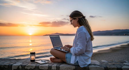 Woman working on laptop at serene beach sunset, embracing remote work freedom.の素材