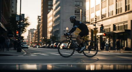 Cyclist riding a road bike through a vibrant city street with warm light.の素材