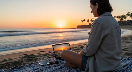 A woman works remotely on her laptop on a tranquil beach at sunset, enjoying coffee.の素材