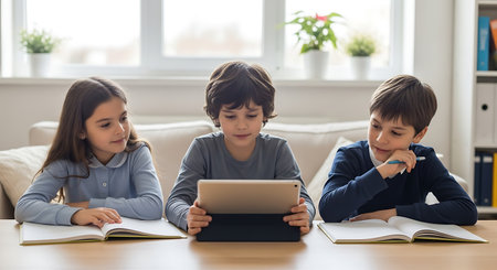 Three diverse kids learning, blending traditional books with a tablet.の素材