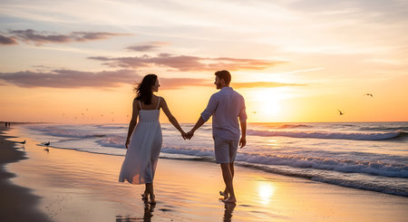 Couple walking hand in hand on a beach at sunset, golden sky, ocean waves.の素材