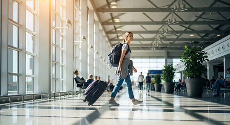 Young woman pulling luggage in a bright, modern airport terminal, ready for adventure and global travel.の素材