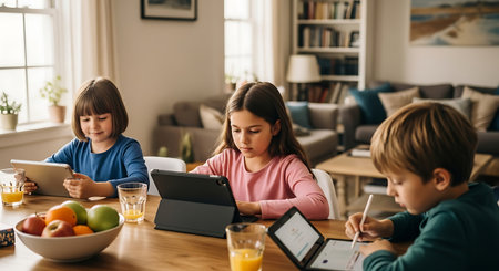 Three young children focused on tablets at home for learning and play.の素材
