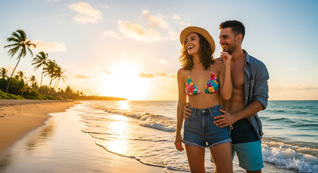 Joyful couple enjoys romantic walk on a beautiful tropical beach at sunset.の素材