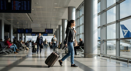 Young woman walks with luggage in modern airport, gazing at plane. Travel and journey themes.の素材