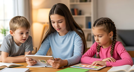 Three kids focused on online lessons with tablets, embracing digital education.の素材