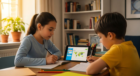 Two children focused on learning at home using a tablet and notebooks.の素材