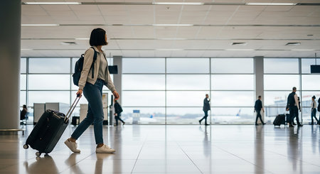 Young woman with suitcase and backpack walks through a bright airport.の素材