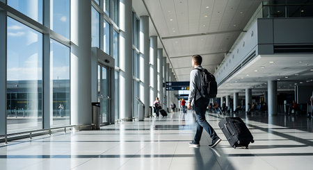 Traveler navigating a contemporary airport, focused on his journey.の素材