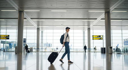 Stylish female traveler navigating a bright, modern airport terminal.の素材