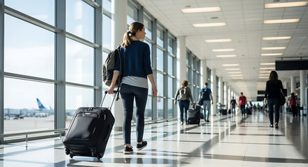Young woman pulling luggage walks through a bright, spacious airport concourse.の素材