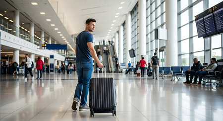Man with luggage in a modern airport, looking back, concept of travel.の素材