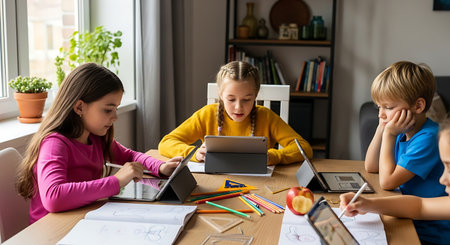 Young students focused on educational activities using technology at home.の素材