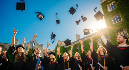 Diverse group of young university graduates celebrating success by throwing caps.の素材
