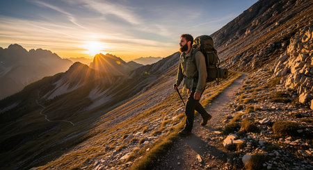 Adventurous bearded man hiking a scenic mountain path during a beautiful sunset.の素材