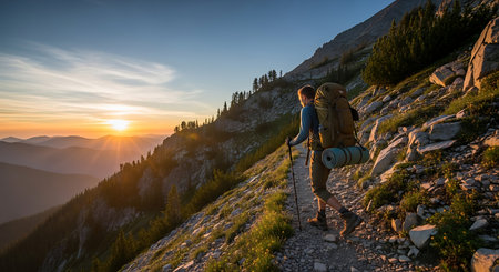 Person with backpack hiking rugged mountain path during a stunning sunset.の素材
