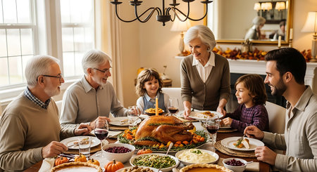Joyful multi-generational family celebrating Thanksgiving feast at home.の素材