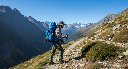 Experienced hiker on a rocky trail with breathtaking mountain vistas under blue sky.の素材