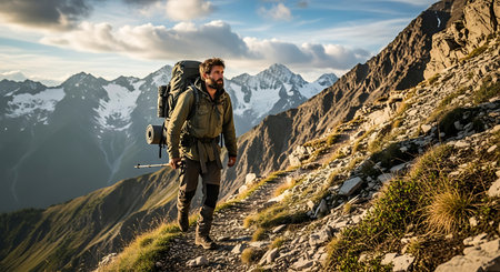 Man hiking a rugged mountain path with backpack and poles amidst majestic peaks.の素材