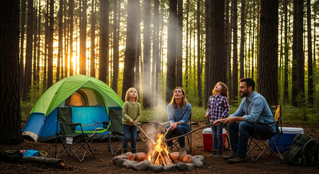 Happy family with children enjoying a campfire and roasting marshmallows in a pine forest at sunset.の素材