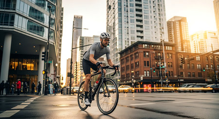 Active man on a road bike in a dynamic city scene at dusk with reflections.の素材