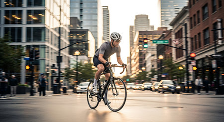 Male cyclist speeds through vibrant city street, dynamic motion blur, urban commute.の素材