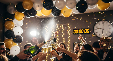 Friends toasting with champagne as confetti falls at a vibrant New Year party.の素材