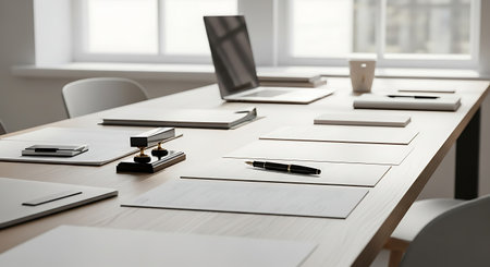 Professional, minimalist meeting table with laptop, documents, and office supplies, bathed in natural light.の素材
