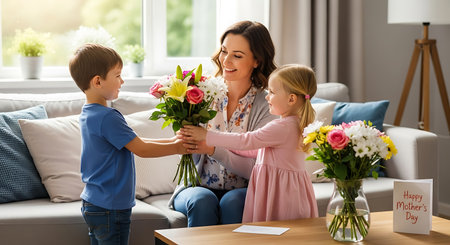 Smiling mother receiving bouquets from her loving son and daughter at home.の素材