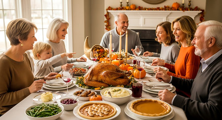 Happy multi-generational family enjoying a festive Thanksgiving dinner.の素材