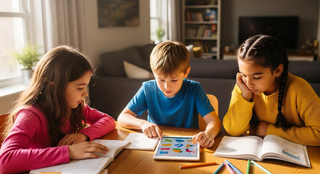 Three children engaged in a blend of digital and traditional home learning.の素材