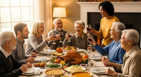 Smiling multi-generational family enjoys a festive holiday feast at home, toasting.の素材