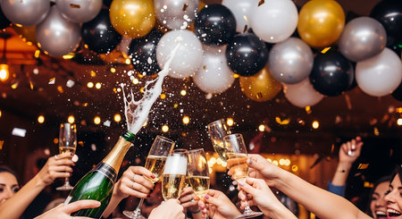 Friends toast with champagne, bottle pops amidst falling confetti and balloons.の素材