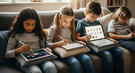Four diverse children on a sofa, engrossed in educational apps on their digital tablets, reflecting modern learning and connectivity at home.の素材