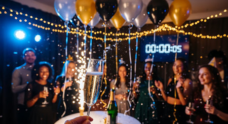 Friends toast champagne at a lively New Year's Eve countdown party with confetti.の素材