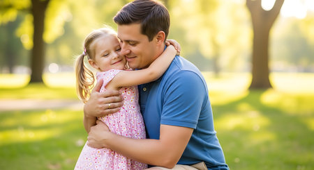 Happy father tenderly embracing his little daughter outdoors in a sunlit park.の素材