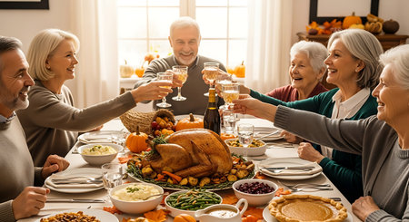 Joyful senior adults make a toast at a festive holiday dinner with turkey and friends.の素材