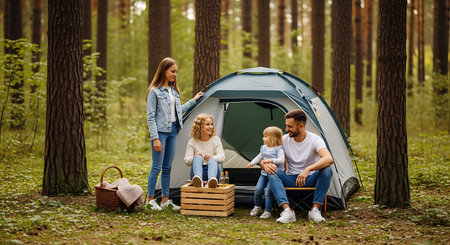Happy family bonding outdoors, camping amidst tall trees and greenery.の素材