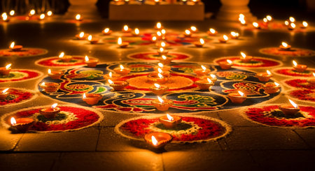 Warm glow of numerous diyas on vibrant rangoli for a festive celebration.の素材