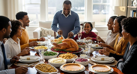 Multi-generational Black family gathers for a heartwarming holiday feast, full of smiles and delicious food.の素材
