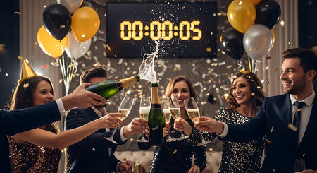 Friends toasting with champagne at a New Year's Eve party, countdown on screen.の素材